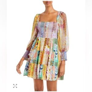 Alice and Olivia Square Neck Rowen Smocked Patchwork Mini Dress